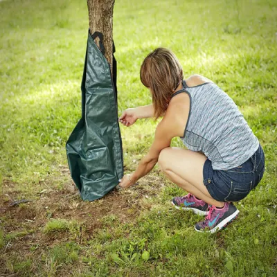 Lot de 3 sacs d'arrosage pour arbres de 20 gallons à libération lente pour arbres et plantes, fabriqués en matériau de bâche PE robuste avec fermeture éclair Bl21745